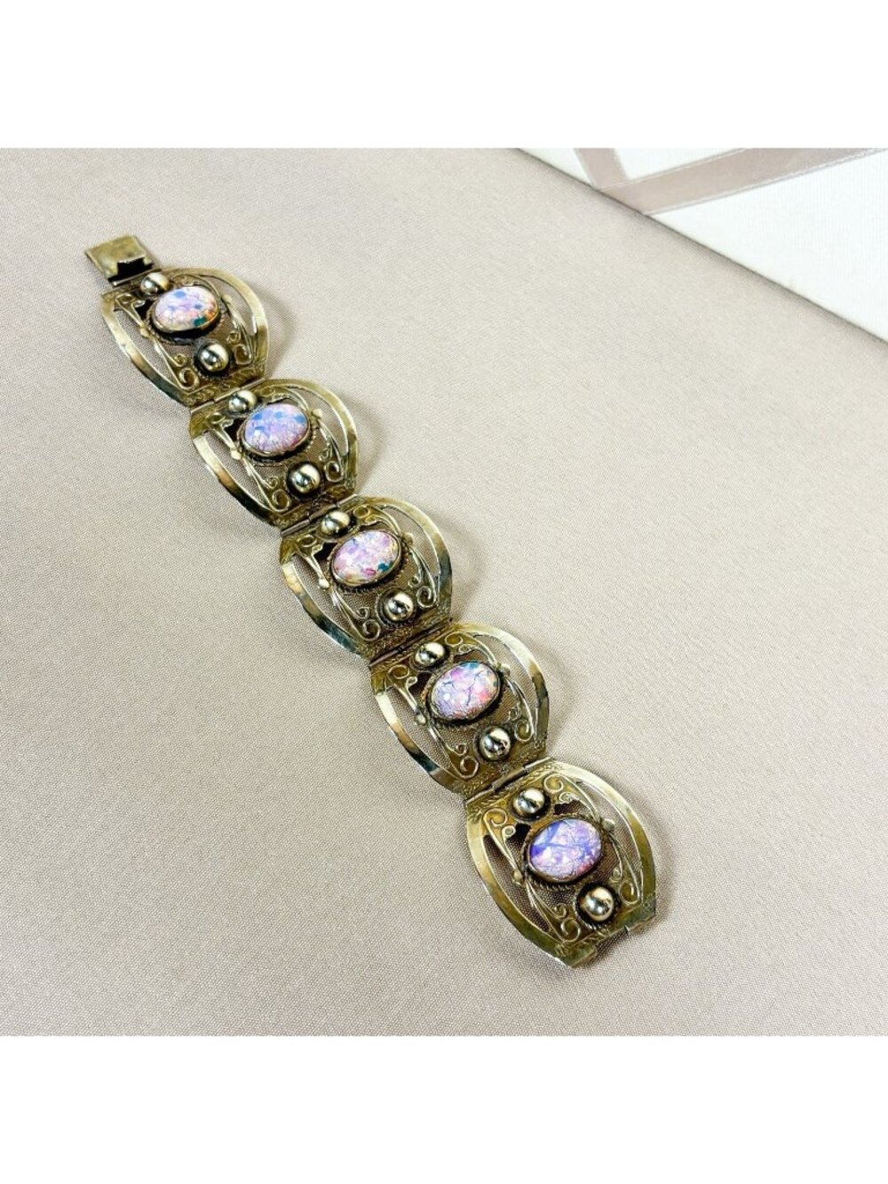 Vintage Mexican Silver Panel Bracelet Foil Glass Opal Cabochons Taxco Mexico B15